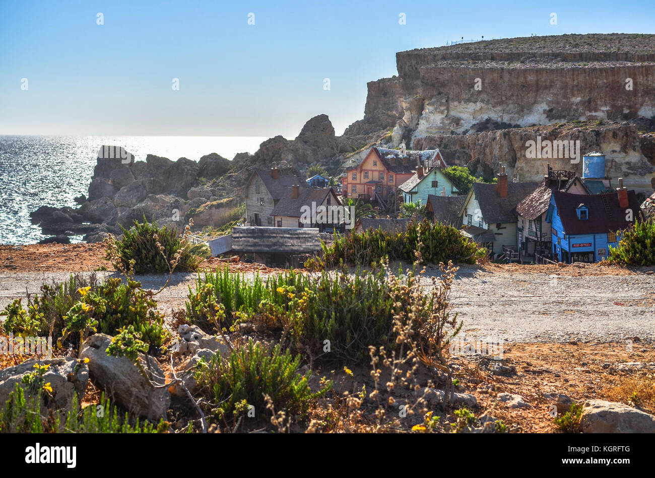 Popeye Village by the Mediterranean Sea, Malta Stock Photo