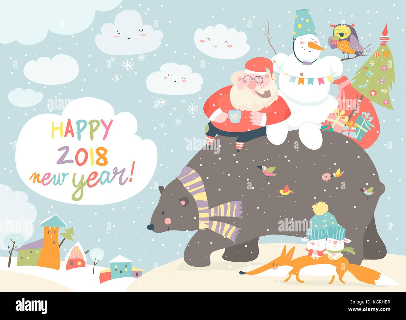 Santa Claus with snowman riding on the back of friendly bear Stock Vector