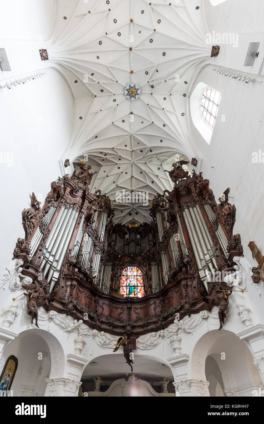 Great Oliwa organ at the Oliwa Archcathedral in Gdansk, Poland, viewed from below. Stock Photo
