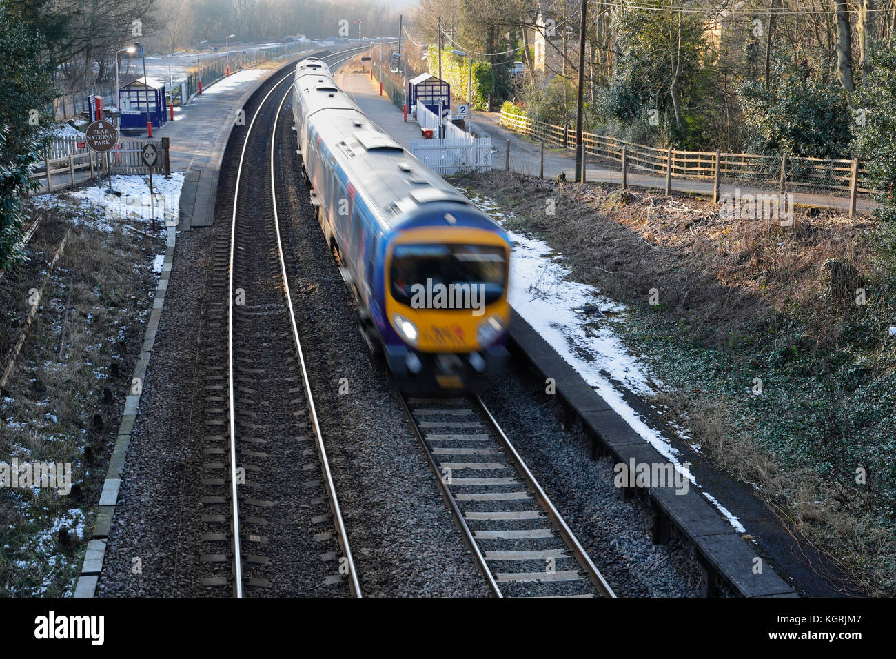 First trans pennine express train passing at speed through Grindleford in Derbyshire England UK Hope valley line Stock Photo