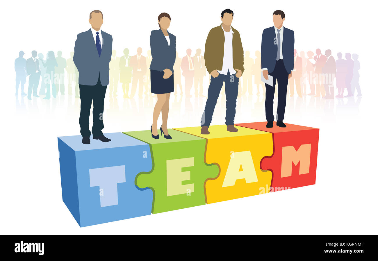 Successful business team is standing on pieces of jigsaw puzzle in front of large crowd of businesspeople. Stock Photo