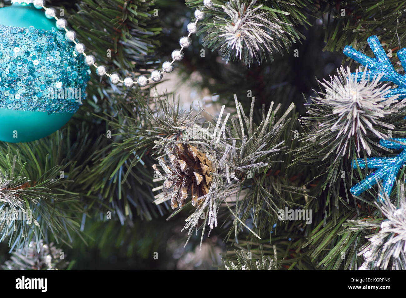 many beautiful decorations on the Christmas tree Stock Photo