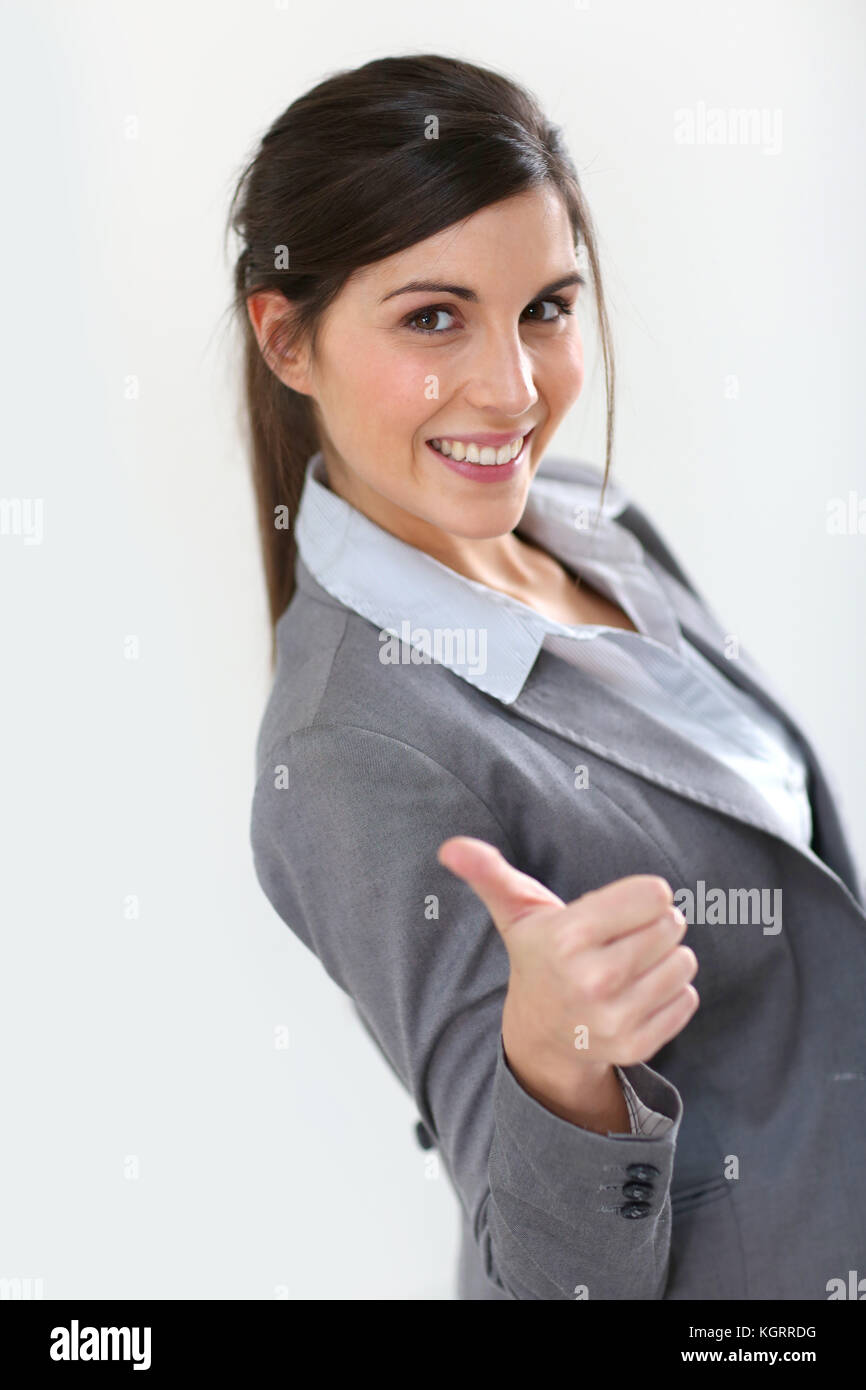 Smiling business girl standing on white background Stock Photo - Alamy