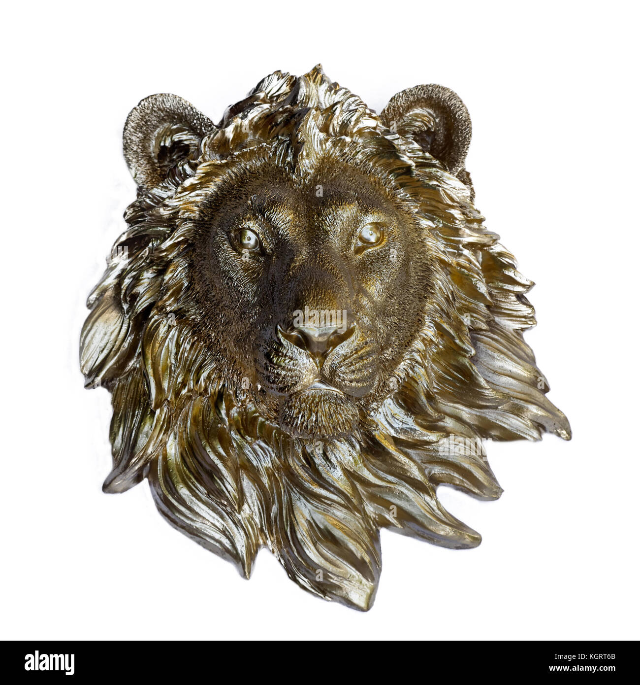 Ornamental gold lion head on white background. Stock Photo