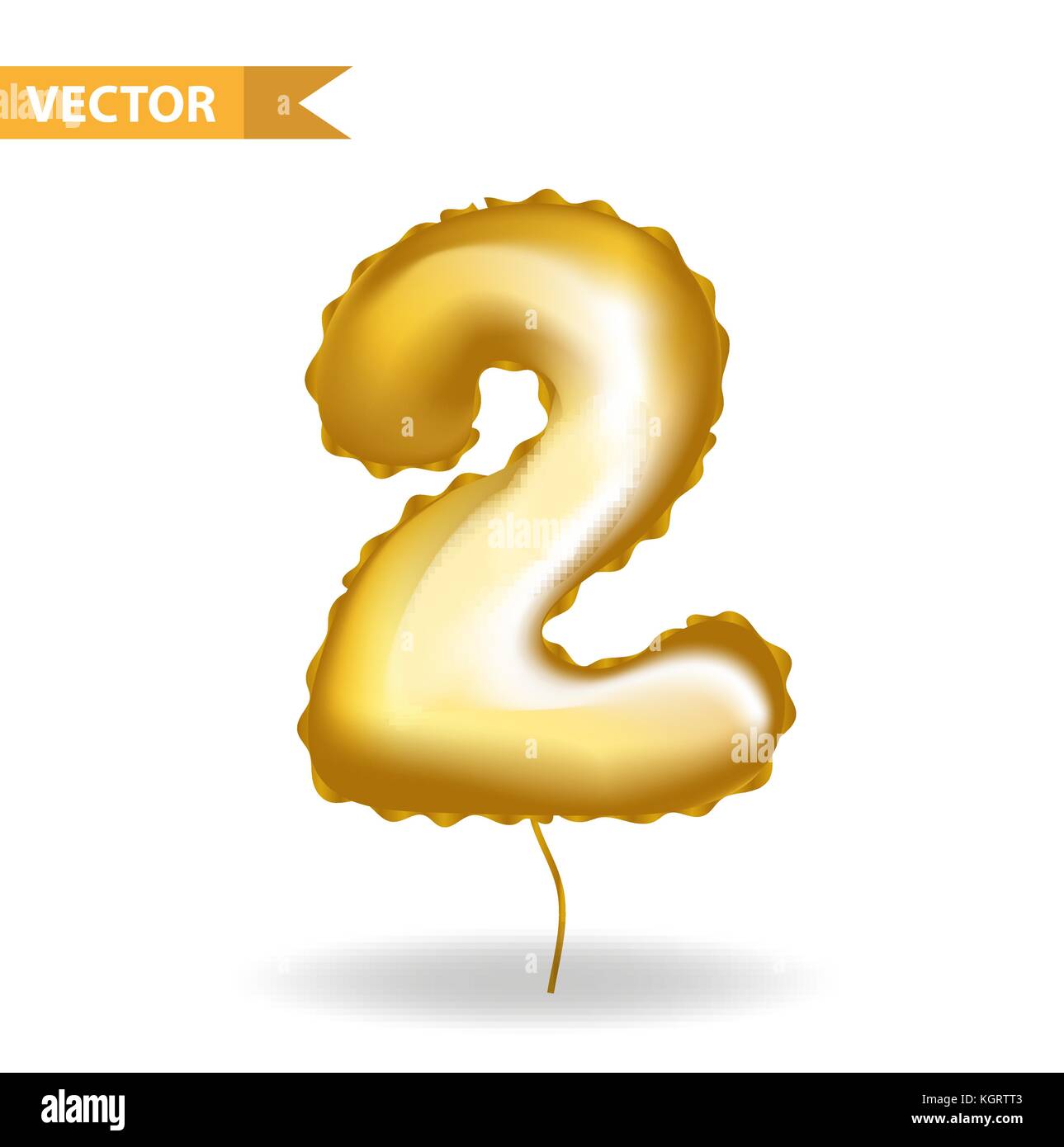 Golden yellow balloon number 2. Isolated on white background. Vector