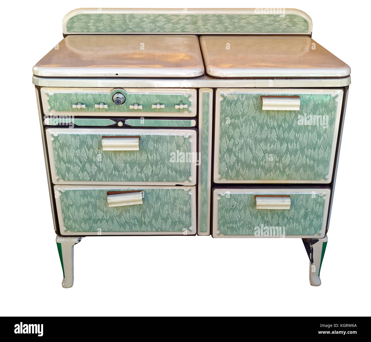 Vintage green enamel stove. Isolated Stock Photo Alamy