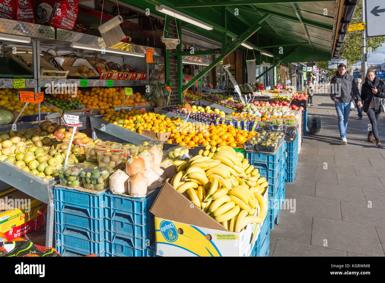 Fruit shop outdoor display, Broadway, West Ealing, London Borough of Ealing, Greater London, England, United Kingdom Stock Photo