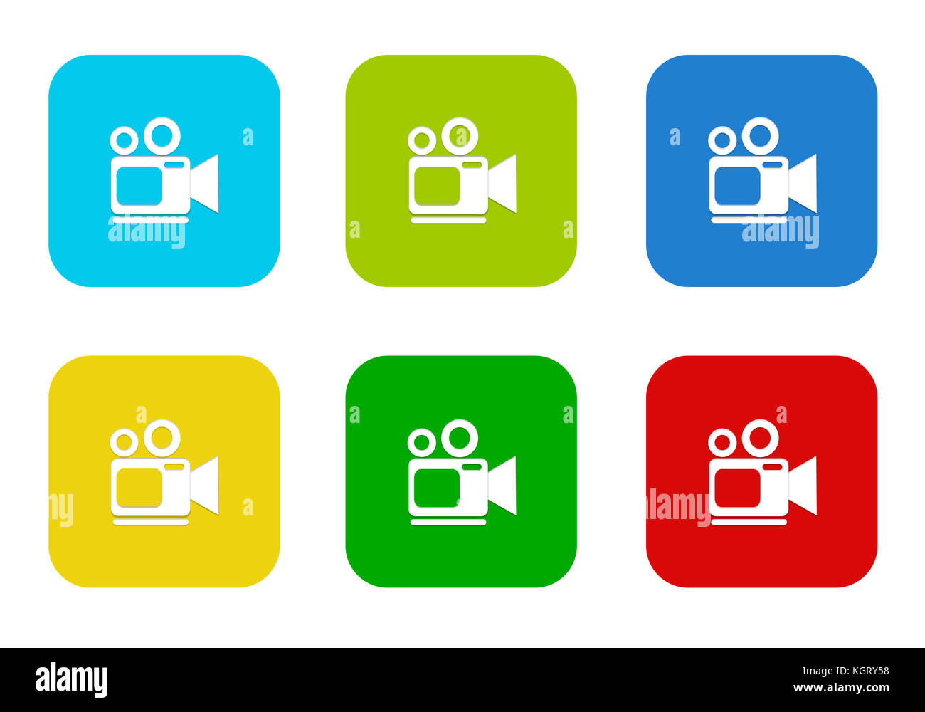 Set of rounded square colorful flat icons with camcorder symbol in blue ...