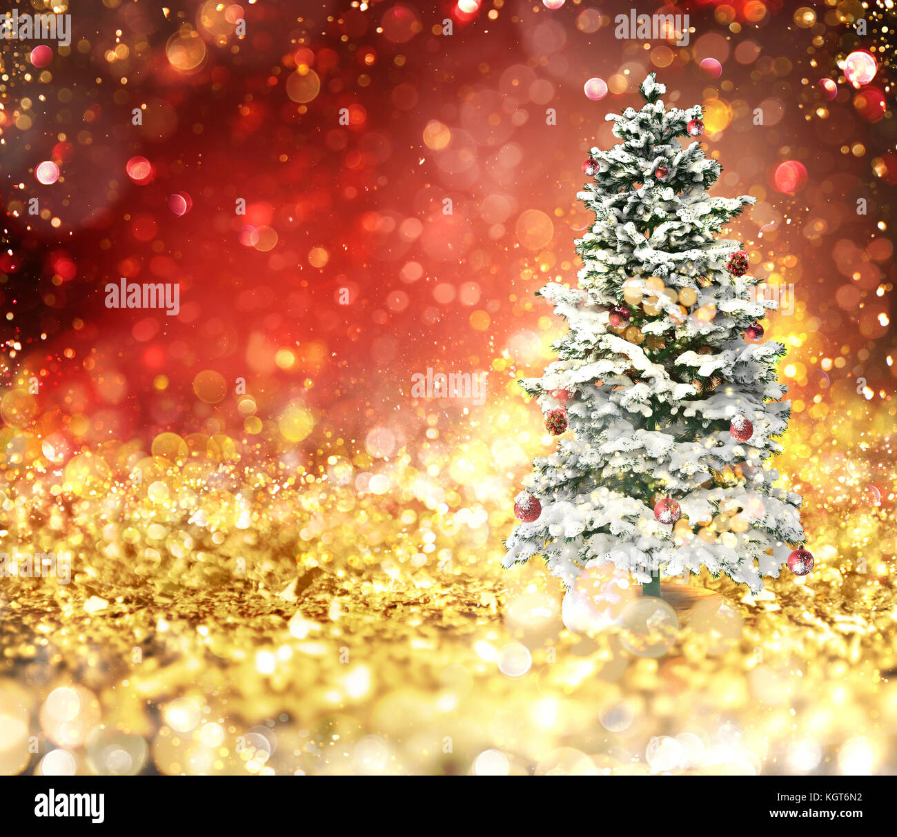 Christmas tree on a gold and red sparkly background Stock Photo