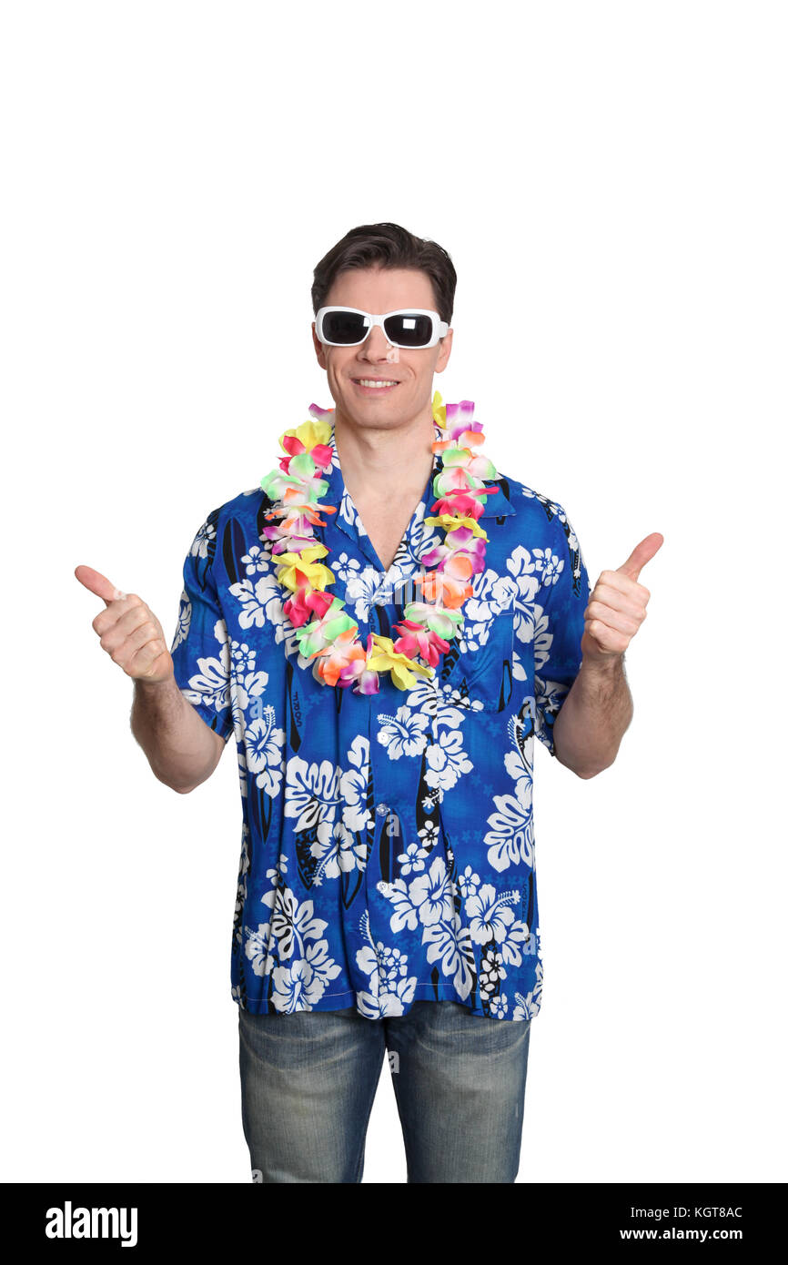Man standing on white background with hawaiian shirt Stock Photo - Alamy