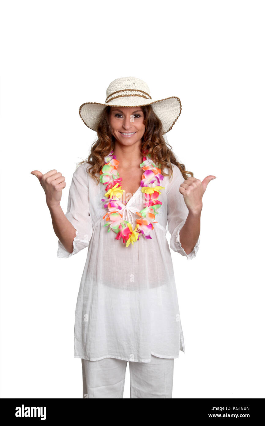 Happy woman wearing hawaiian outfit Stock Photo - Alamy