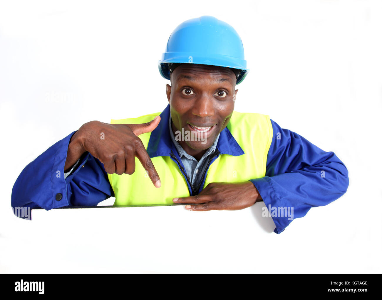 Construction worker with whiteboard isolated Stock Photo Alamy