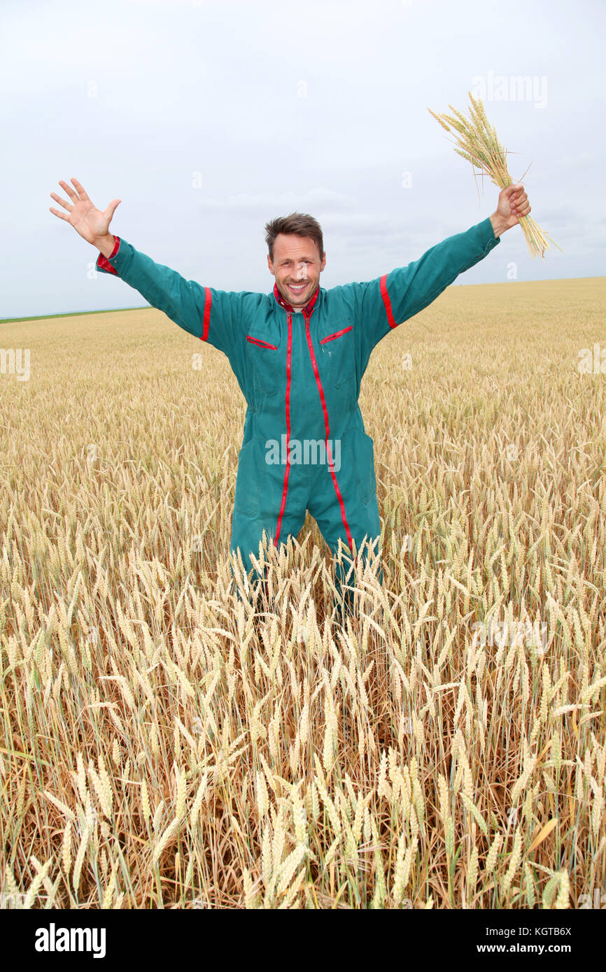Farmer standing in wheat field with arms up Stock Photo - Alamy