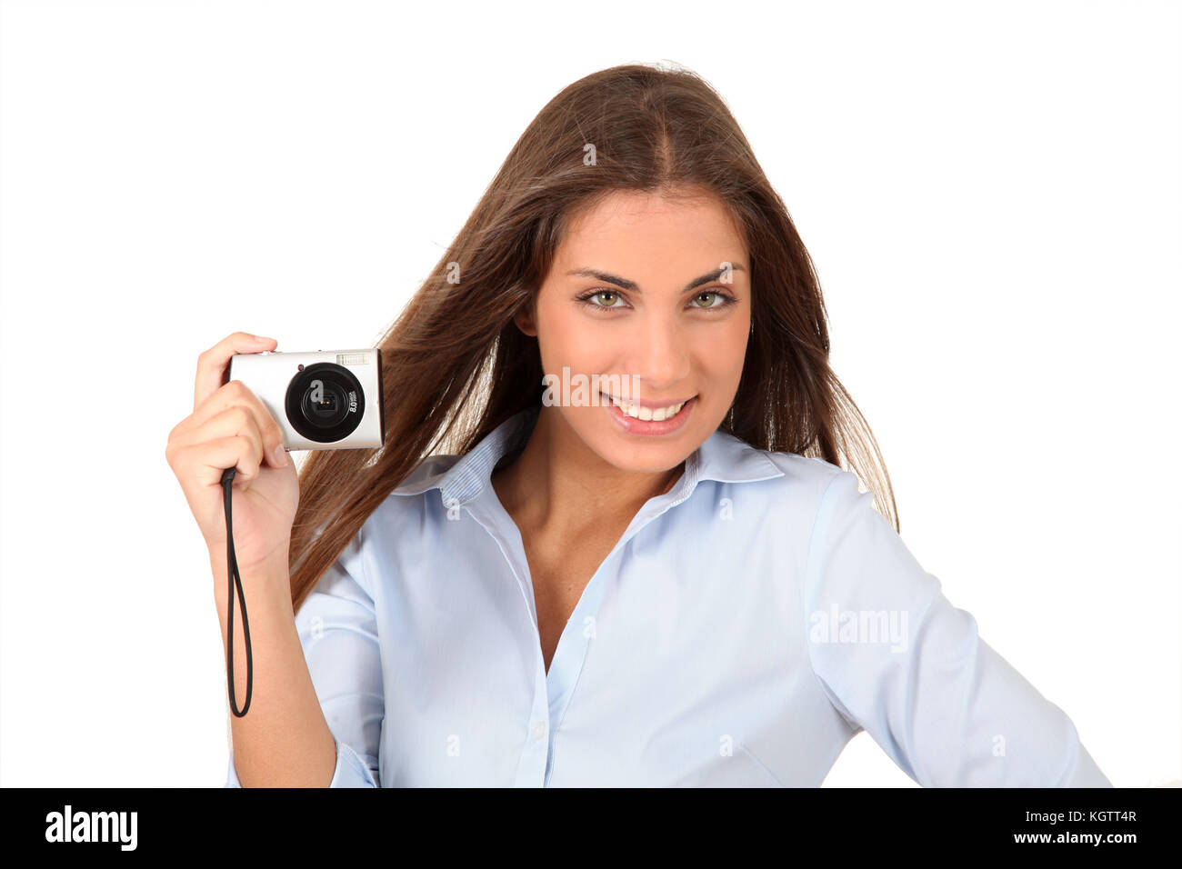 Portrait of beautiful woman using compact digital camera Stock Photo ...