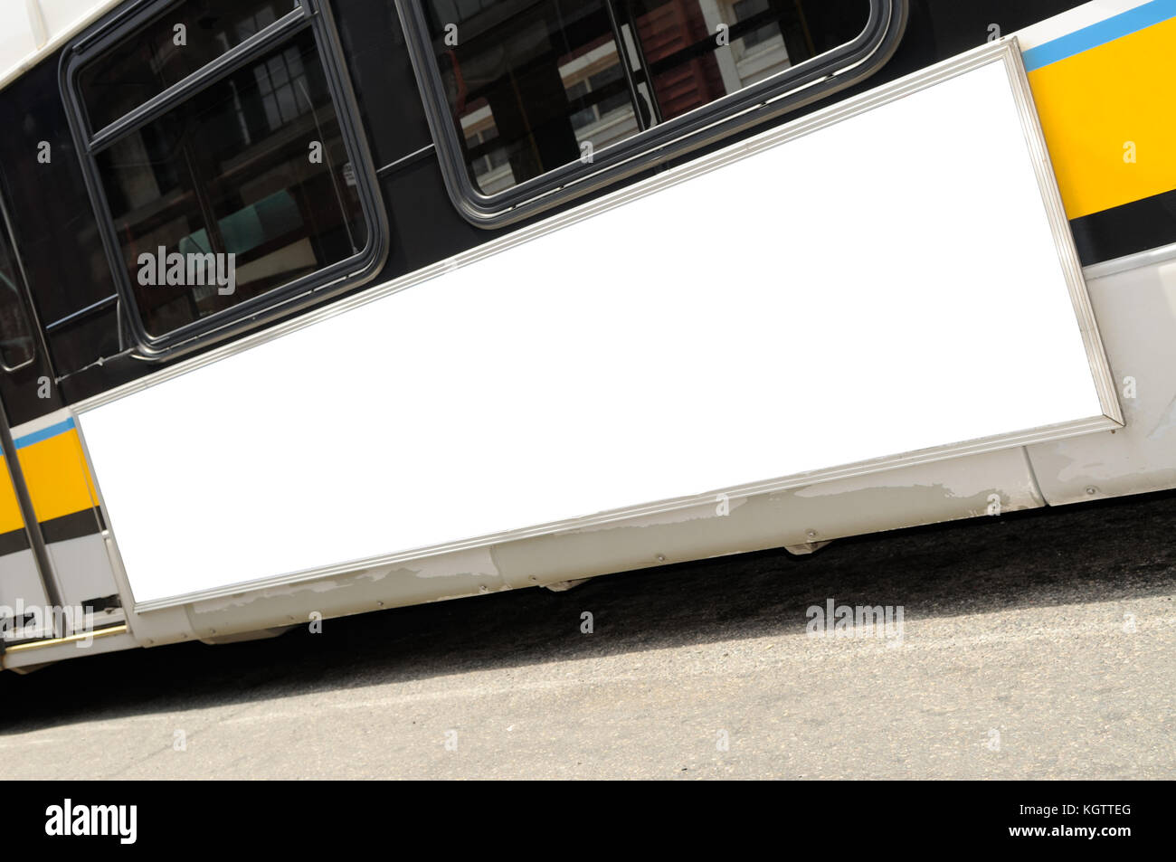 Bus advertising. Close-up of blank billboard on bus side panel Stock Photo