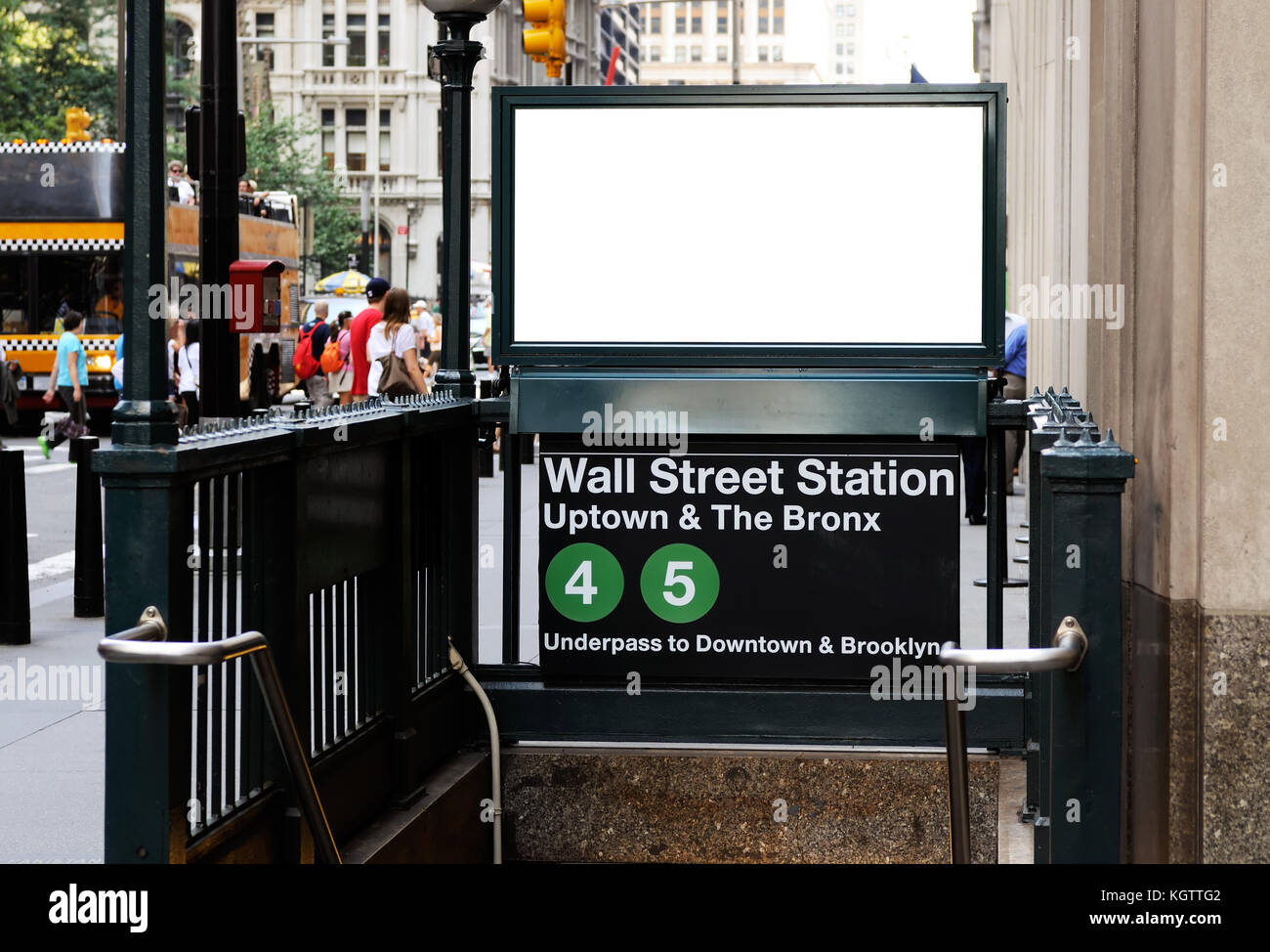Subway ad in Wall Street Station. Blank billboard, crowds, New York City Stock Photo