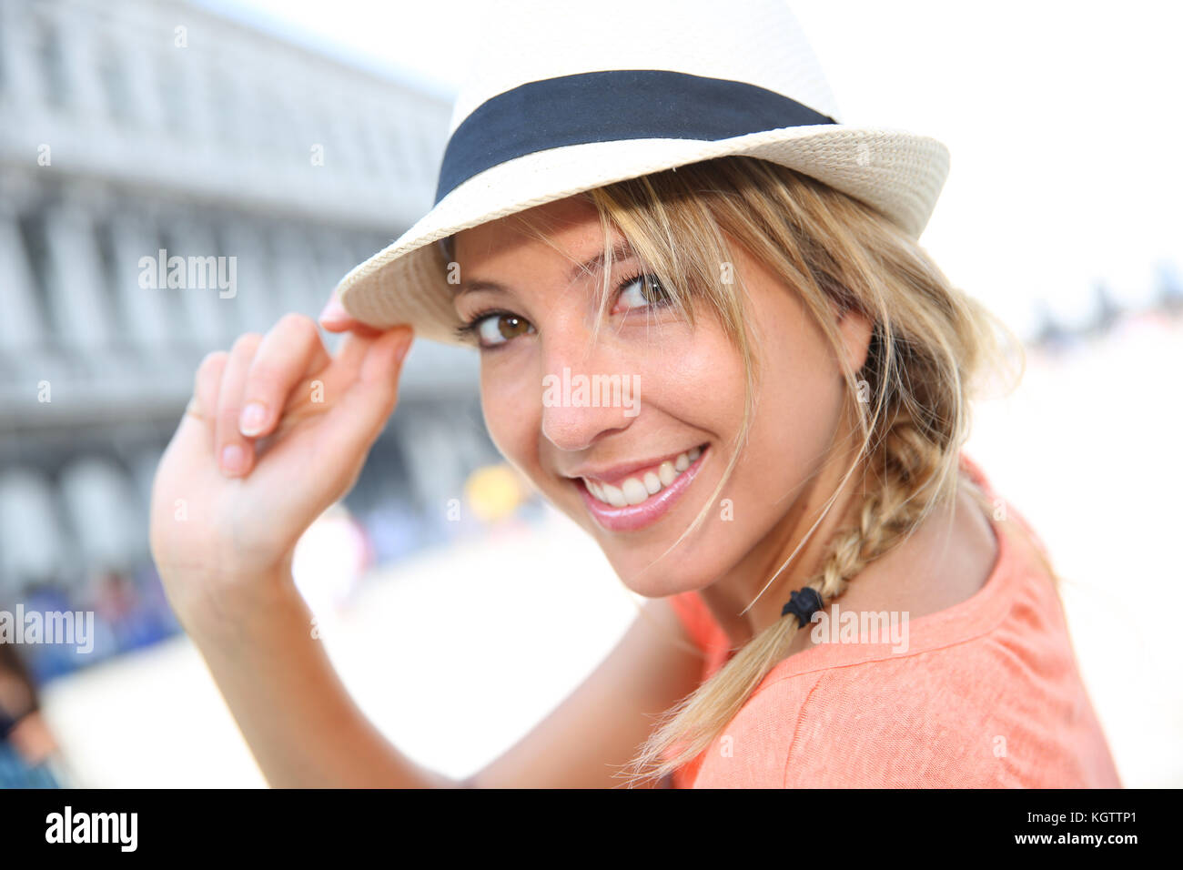 Portrait of beautiful blond girl with hat Stock Photo - Alamy