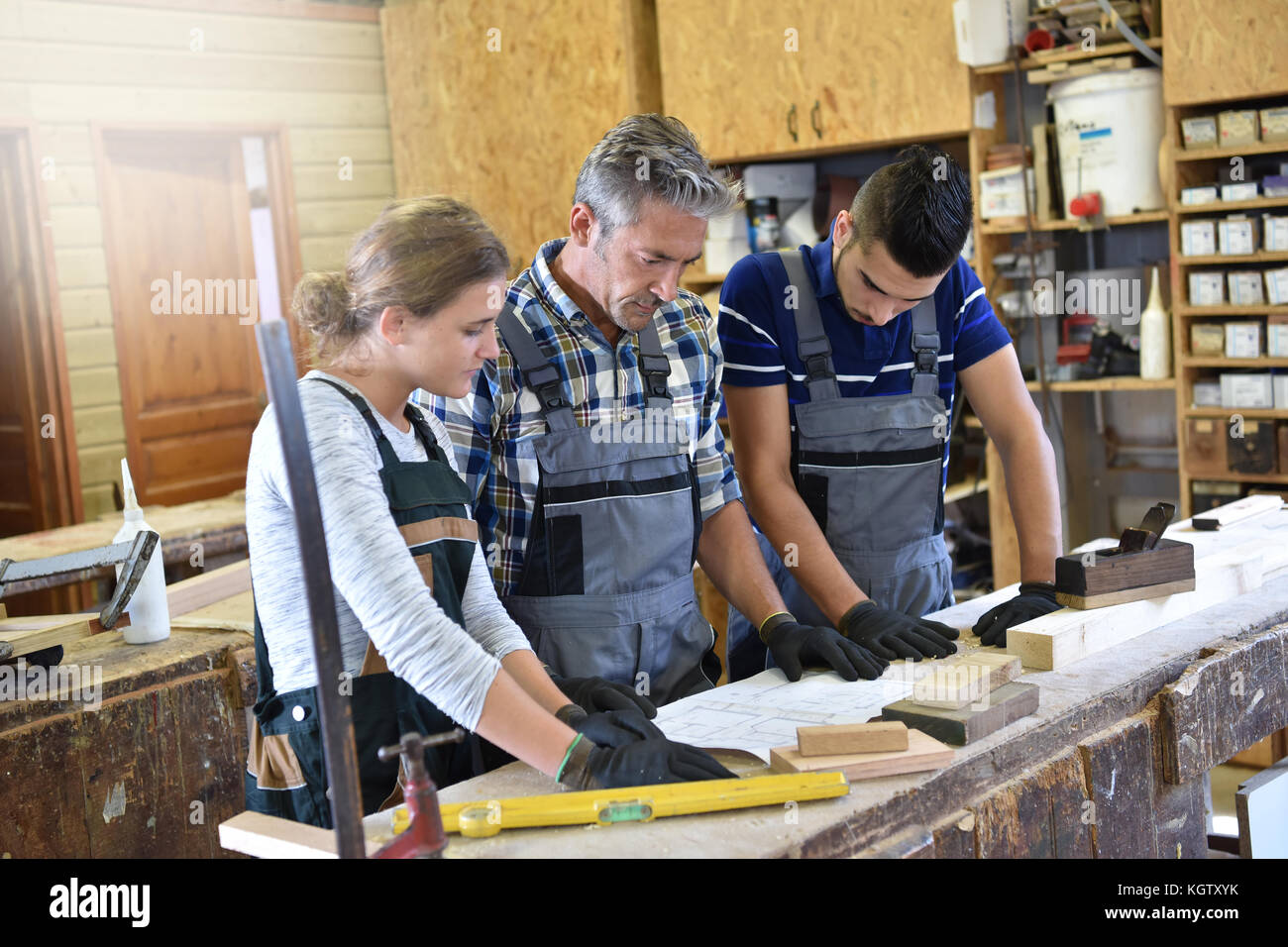 Group of students in woodwork training course Stock Photo - Alamy
