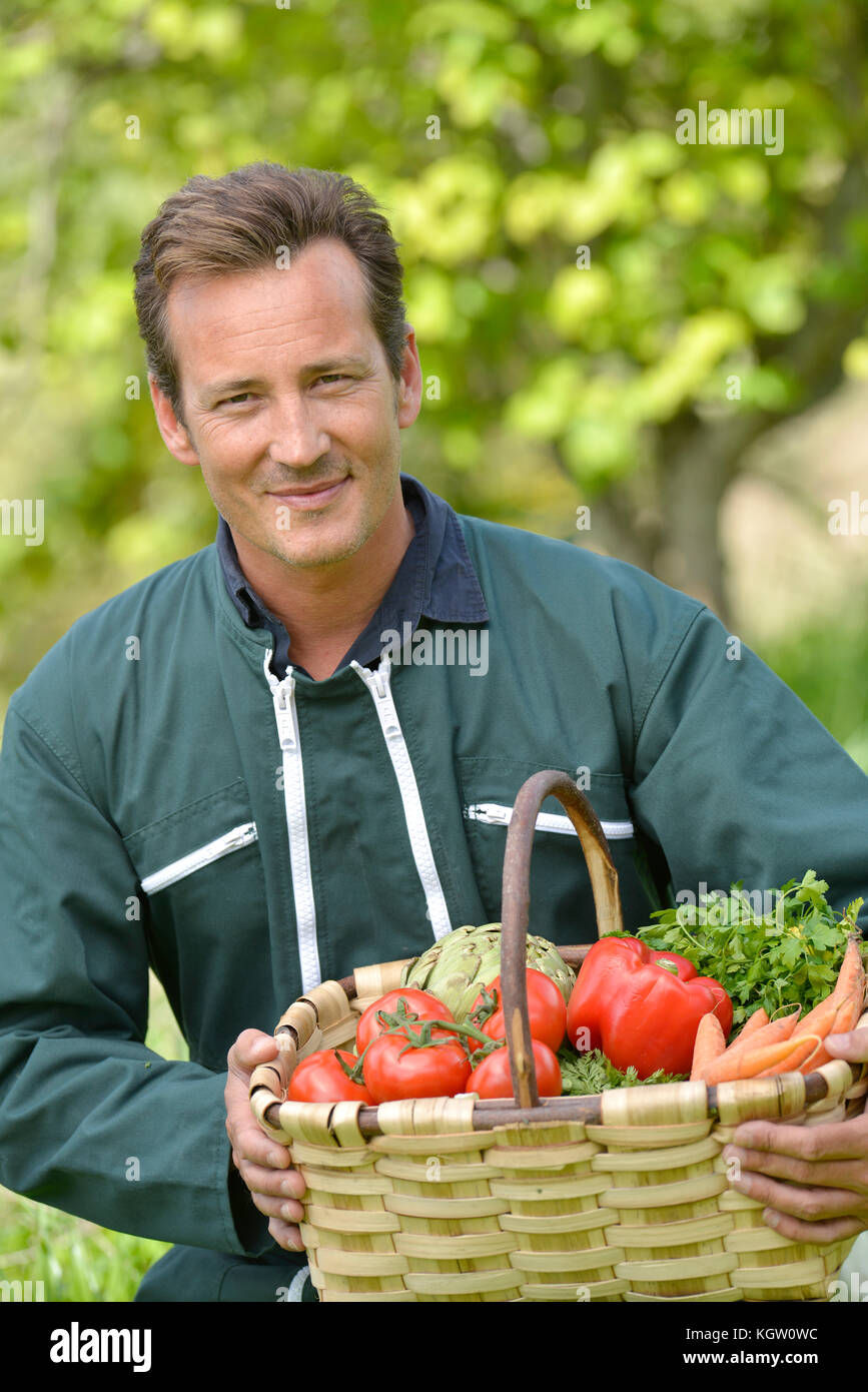 Farmer in garden holding basket of fresh vegetables Stock Photo - Alamy