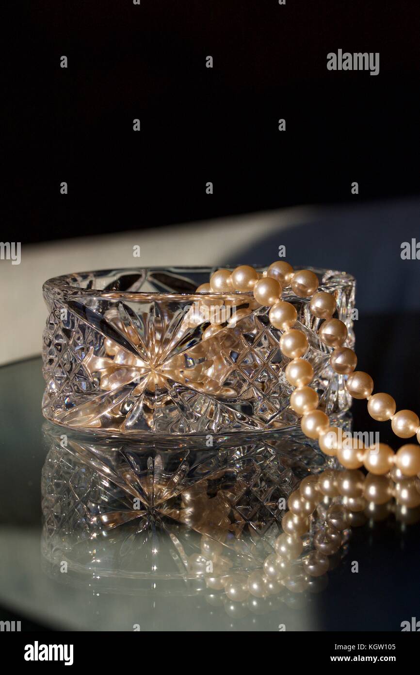 Close up image shows cultured pearls adorning a beautiful lead crystal