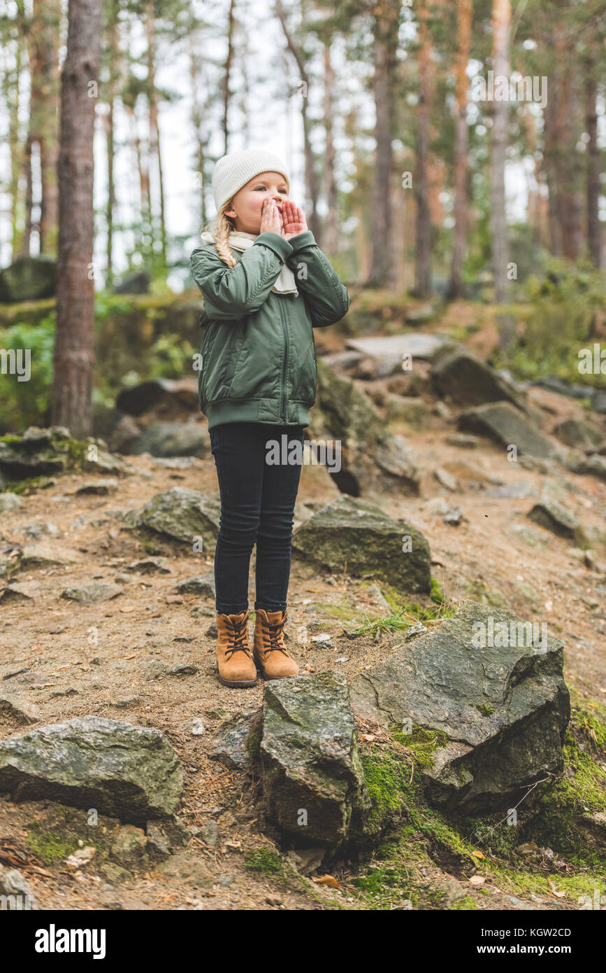 kid shouting in autumn forest Stock Photo - Alamy