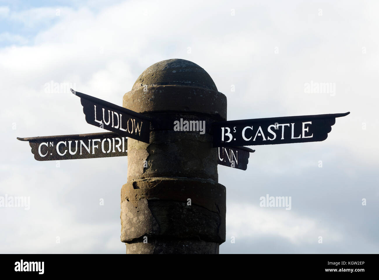 A fingerpost on the B4368 road between Clun and Craven Arms, Shropshire, England, UK Stock Photo