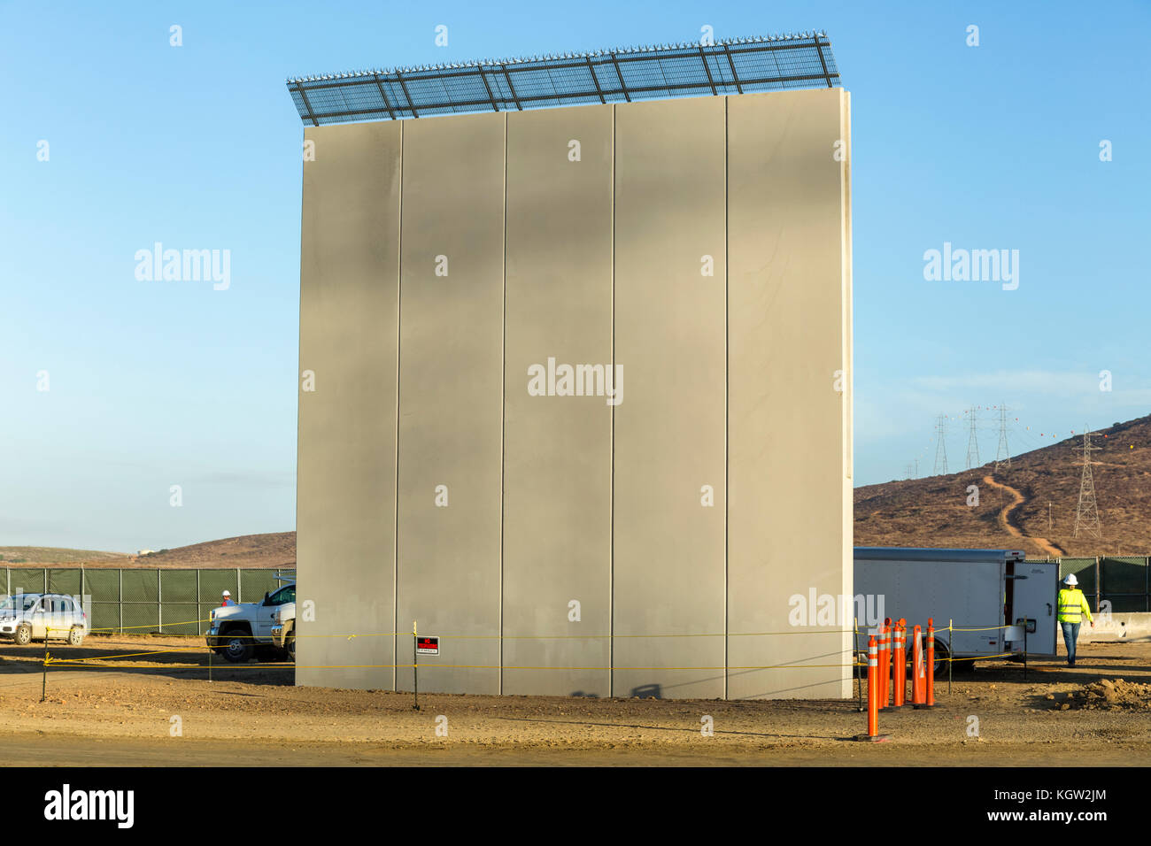 Trump administration new US-Mexico border wall prototypes are unveiled in October 2017. This prototype was designed and built by Texas Sterling Construction Co., an Arizona-based company and will be subjected to testing to ensure they can withstand attack and attempts to go through, under and over them. See more information below. Stock Photo