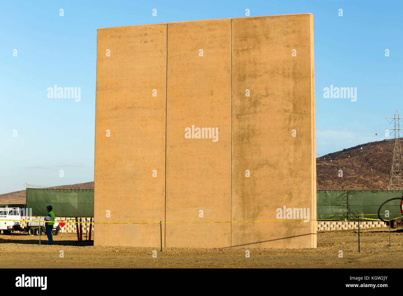 Trump administration new US-Mexico border wall prototypes are unveiled in October 2017. This concrete wall prototype was designed and built by Fisher Sand & Gravel Co., an Arizona-based company and will be subjected to testing to ensure they can withstand attack and attempts to go through, under and over them. See more information below. Stock Photo