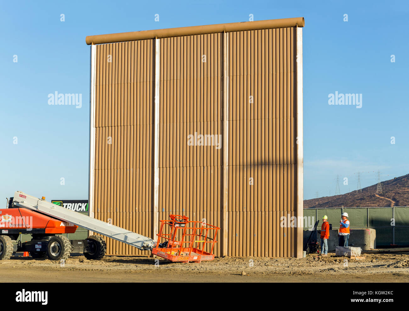 Trump administration new US-Mexico border wall prototypes are unveiled in October 2017. This prototype is one of 2 designed and built by W.G. Yates & Sons, a company based in Philadelphia, and will be subjected to testing to ensure they can withstand attack and attempts to go through, under and over them. See more information below. Stock Photo