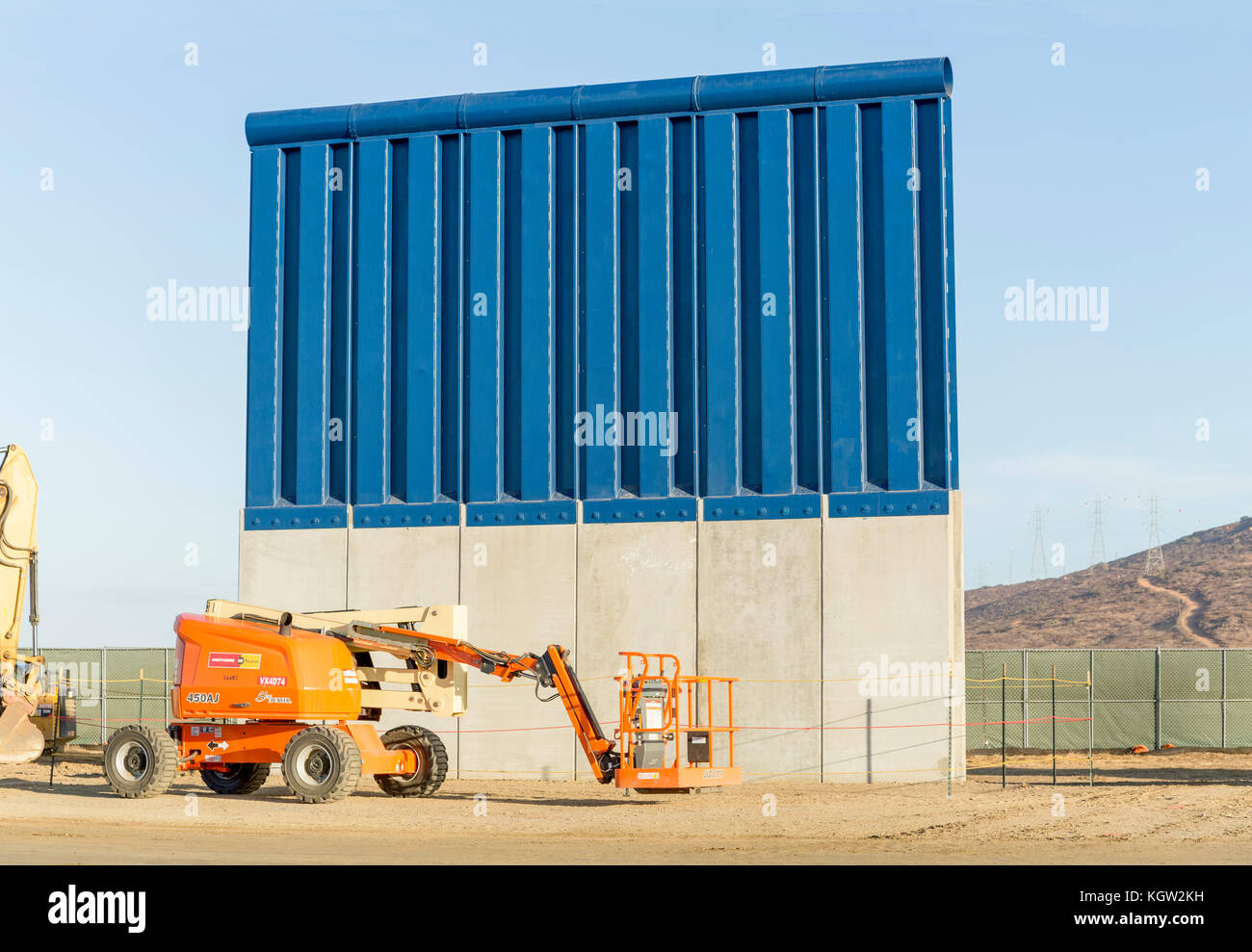 Trump administration new US-Mexico border wall prototypes are unveiled in October 2017. This prototype made in concrete and steel is designed and built by ELTA North America Inc., a company based in Annapolis. The prototypes will be subjected to testing to ensure they can withstand attack and attempts to go through, under and over them. See more information below. Stock Photo