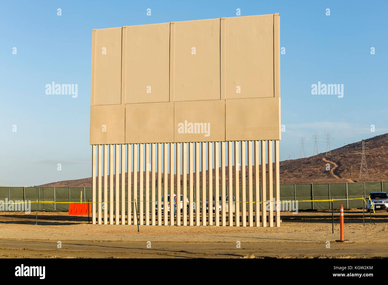Trump administration new US-Mexico border wall prototypes are unveiled in October 2017. This prototype is one of 2 designed and built by Caddell Construction Co., an Arizona-based company and will be subjected to testing to ensure they can withstand attack and attempts to go through, under and over them. See more information below. Stock Photo