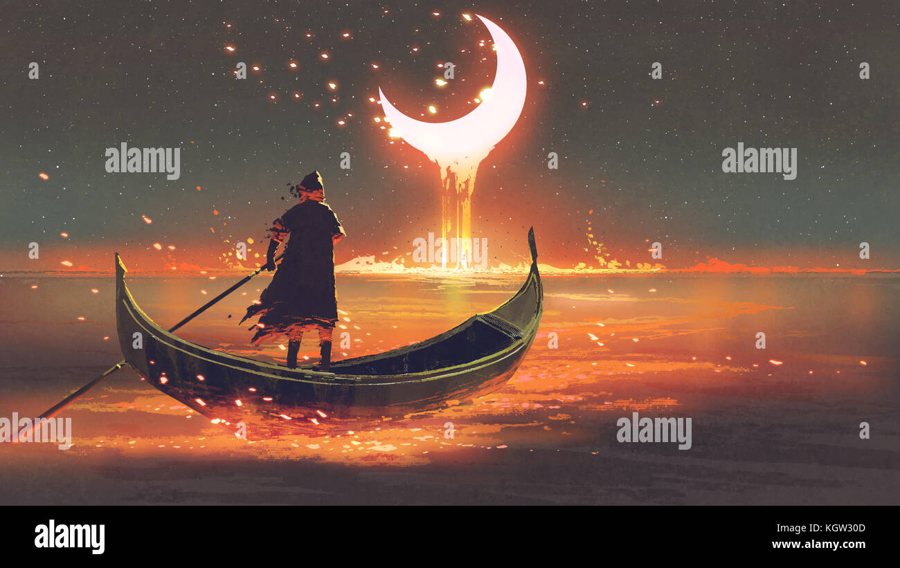 surreal concept of the man rowing a boat in the glowing sea looking at the melting crescent moon, digital art style, illustration painting Stock Photo