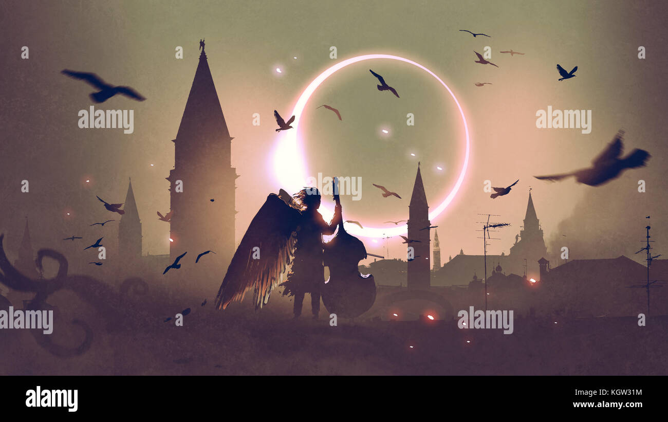 angel playing cello on roof top against night city with beautiful solar eclipse, digital art style, illustration painting Stock Photo