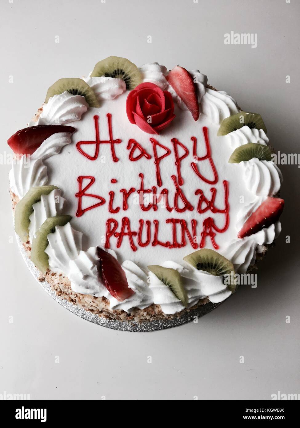 Tasty Cake With Happy Birthday Paulina Inscription Cake With Strawberry And Kiwi Stock Photo Alamy