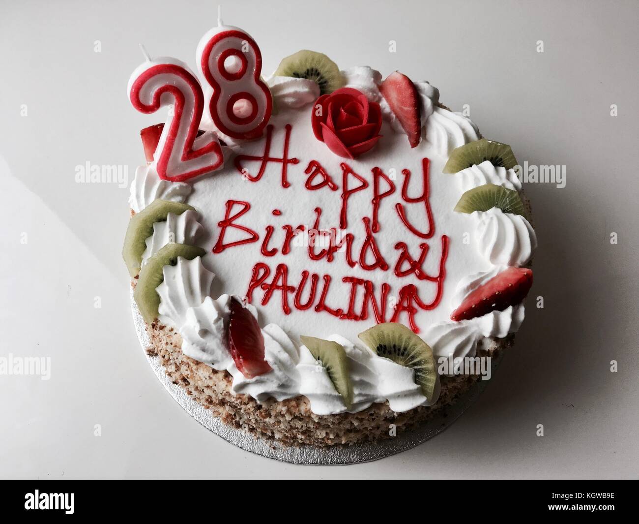 Tasty Cake With Happy Birthday Paulina Inscription Cake With Strawberry And Kiwi Stock Photo Alamy