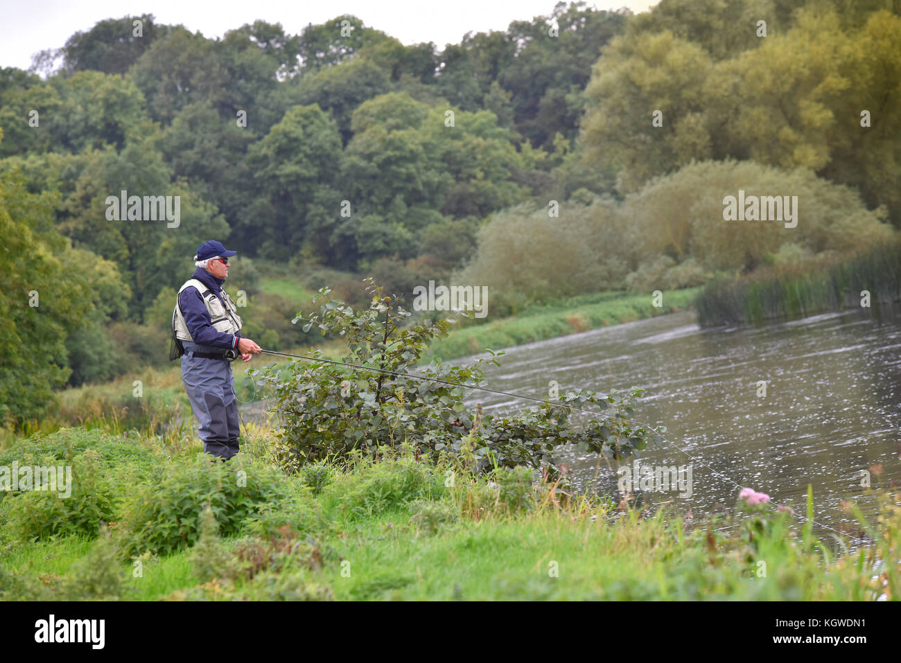 Fly-fisherman fishing in river from riverbanks Stock Photo