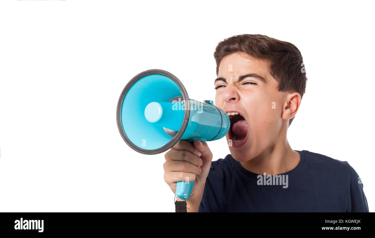 shouting teenager with megaphone Stock Photo
