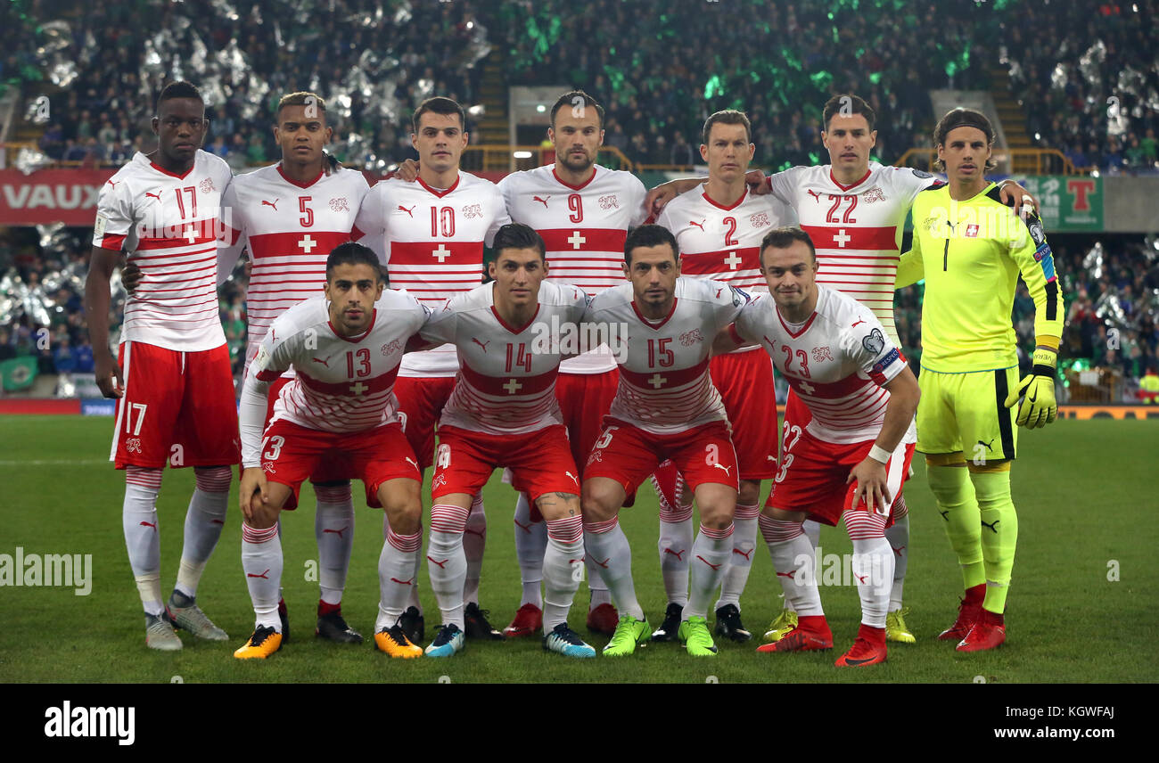 Switzerland team group (top row, from left to right) Denis Zakaria, Manuel Akanji, Granit Xhaka, Haris Seferovic, Stephan Lichtsteiner, Fabian Schar and goalkeeper Yann Sommer (bottom row, from left to right) Ricardo Rodriguez, Steven Zuber, Blerim Dzemaili and Xherdan Shaqiri during the 2018 World Cup Qualifying Play-Off, First Leg match at Windsor Park, Belfast. PRESS ASSOCIATION Photo. Picture date: Thursday November 9, 2017. See PA story SOCCER N Ireland. Photo credit should read: Niall Carson/PA Wire. Stock Photo