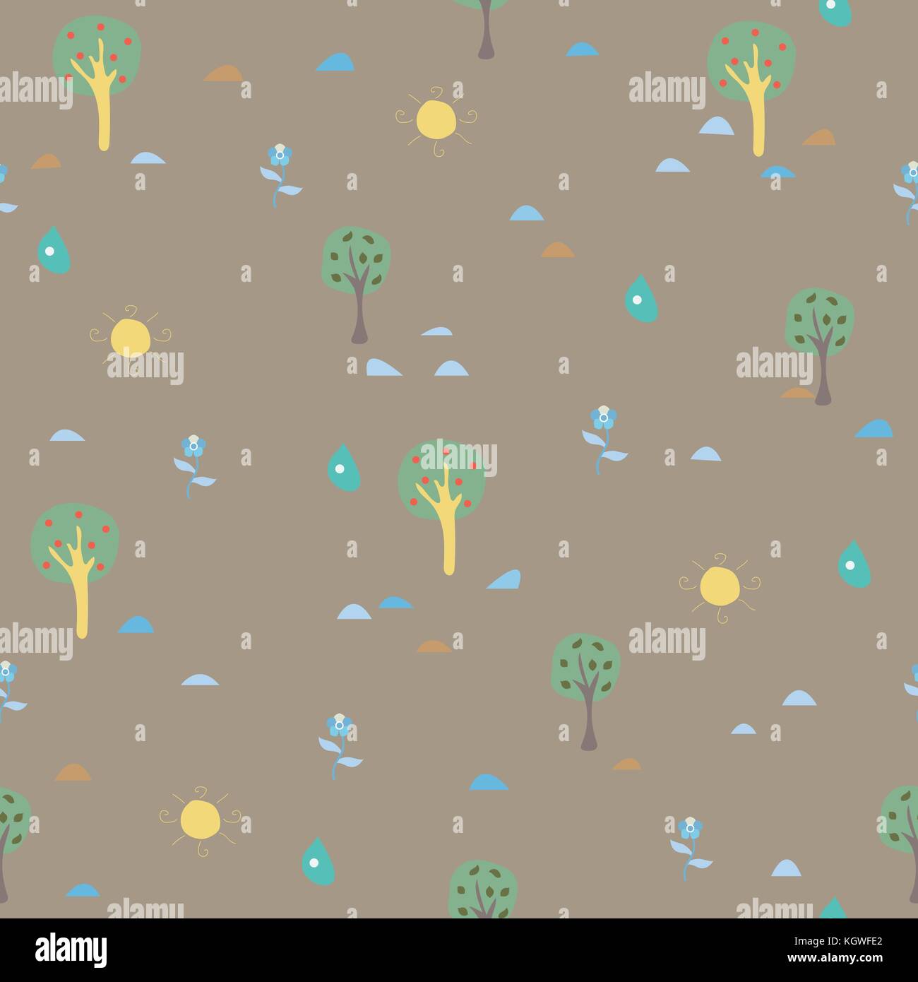 Simple Summer Seamless Pattern with trees, sun, drops of rain, flowers ...