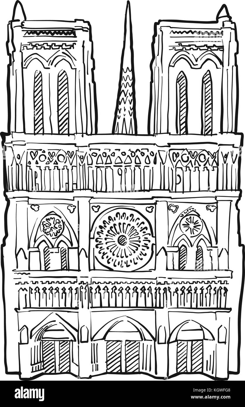 Notre Dame facade illustration. Hand drawn historic landmark. Famous travel destination. Vector art sketch. Stock Vector