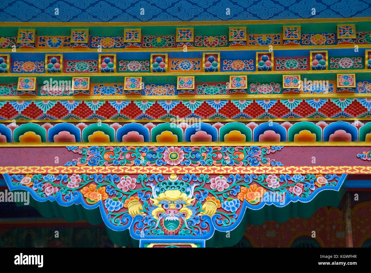 Intricate, colorful painting of cornice in Buddhist Temple, Bodhgaya,  Bihar, India, Asia Stock Photo - Alamy