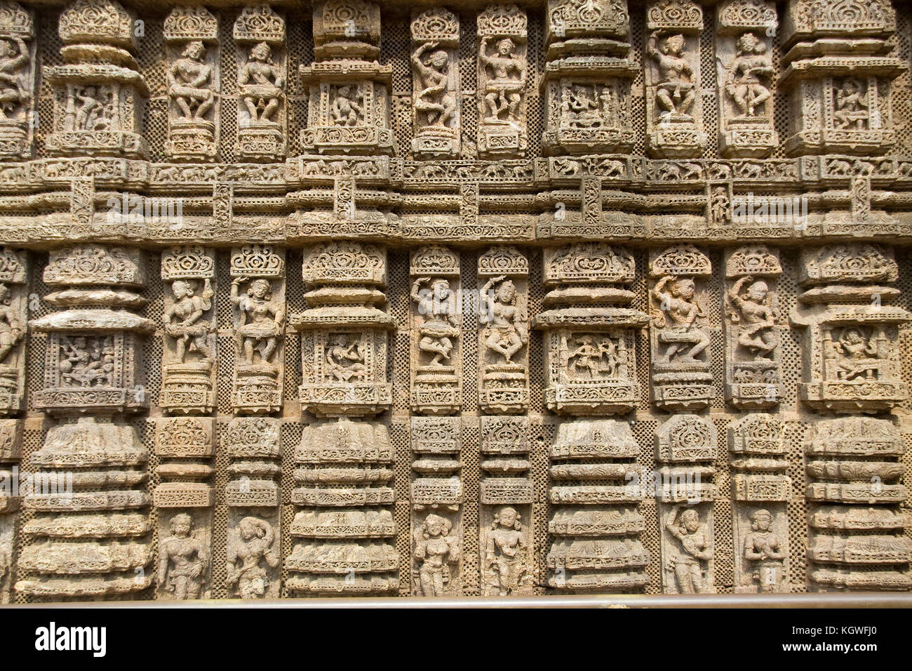 Depiction of various music and dance poses by deft hands on wall of Sun Temple, Konark, Orissa, India, Asia Stock Photo