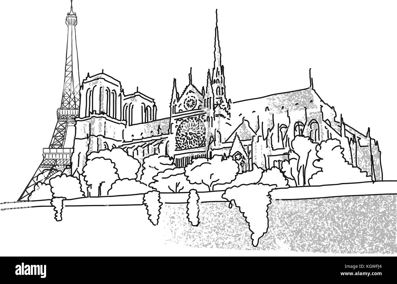 Notre Dame and Eiffel Tower travel scene. Hand drawn historic landmark. Famous travel destination. Vector art sketch. Stock Vector