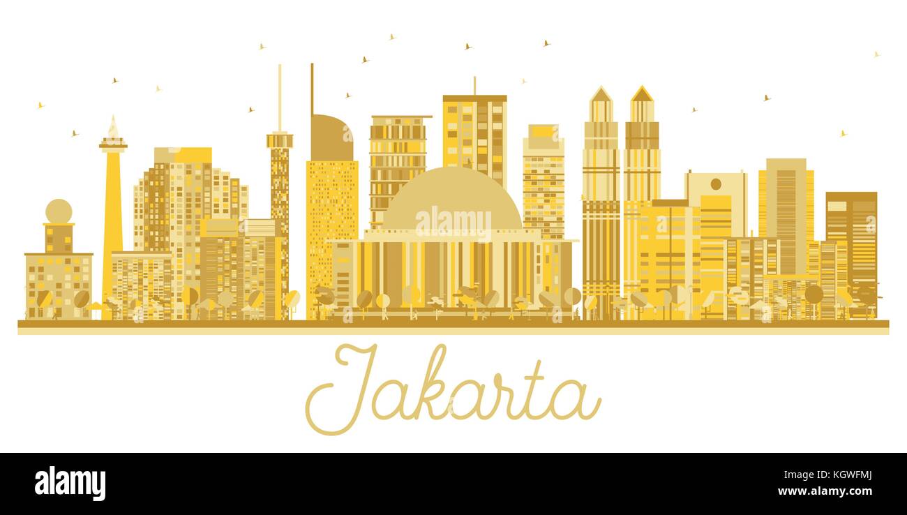 Jakarta Indonesia City skyline golden silhouette. Vector illustration. Business travel concept. Jakarta Cityscape with landmarks. Stock Vector