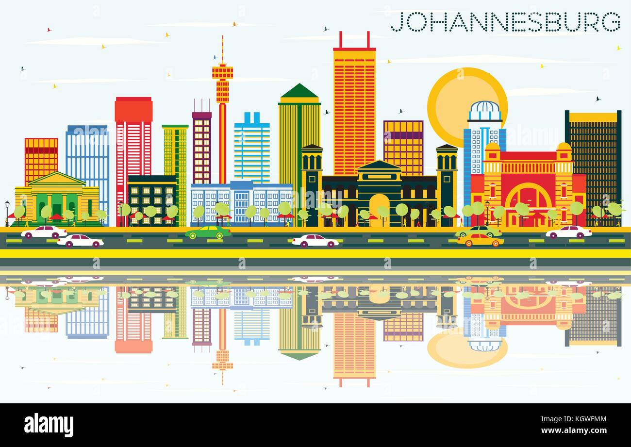 Johannesburg Skyline with Color Buildings, Blue Sky and Reflections