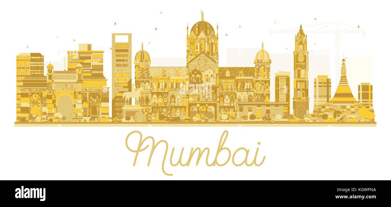 Mumbai India City skyline golden silhouette. Vector illustration. Business travel concept. Mumbai Cityscape with landmarks. Stock Vector