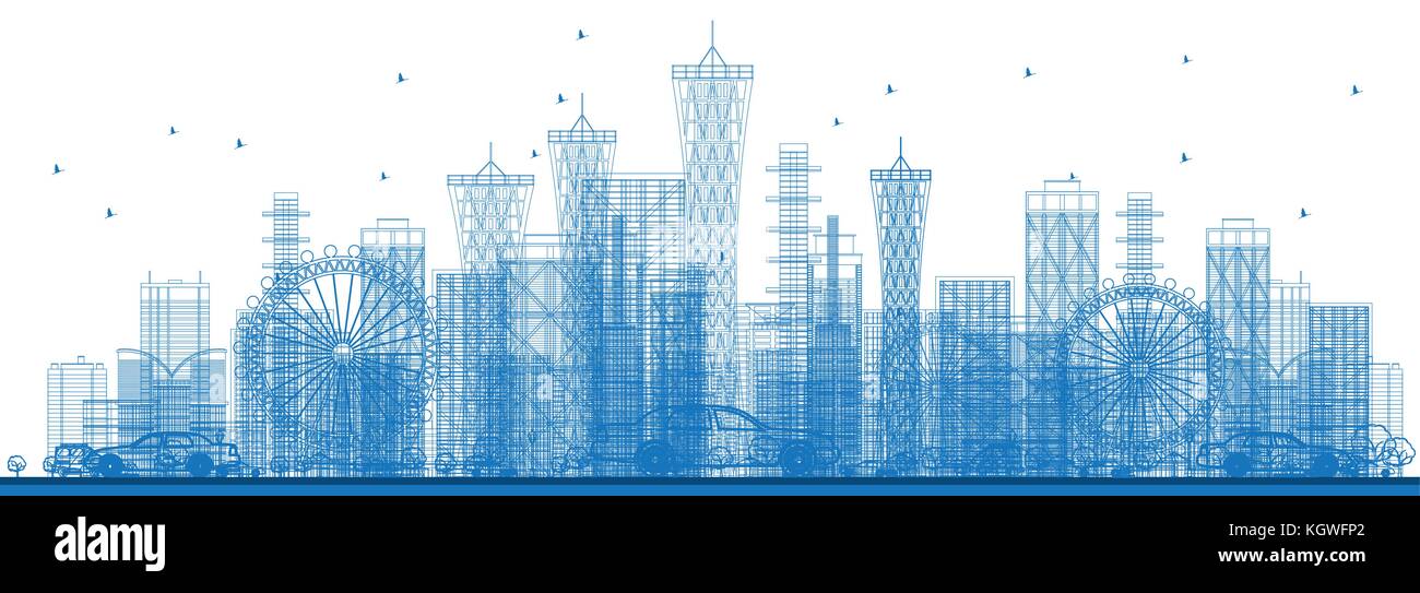 Outline City Skyscrapers and Buildings in Blue Color. Vector Illustration. Business Travel and Tourism Concept. Stock Vector