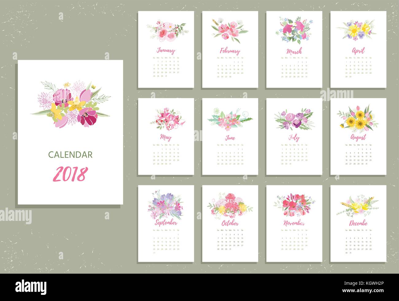 Printable 2018 Calendar with pretty colorful flowers Stock Vector Image ...