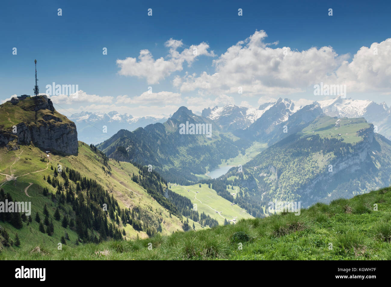 Panorama view of Alpstein mountain with lake of Ebenalp. Appenzell, Switzerland Stock Photo