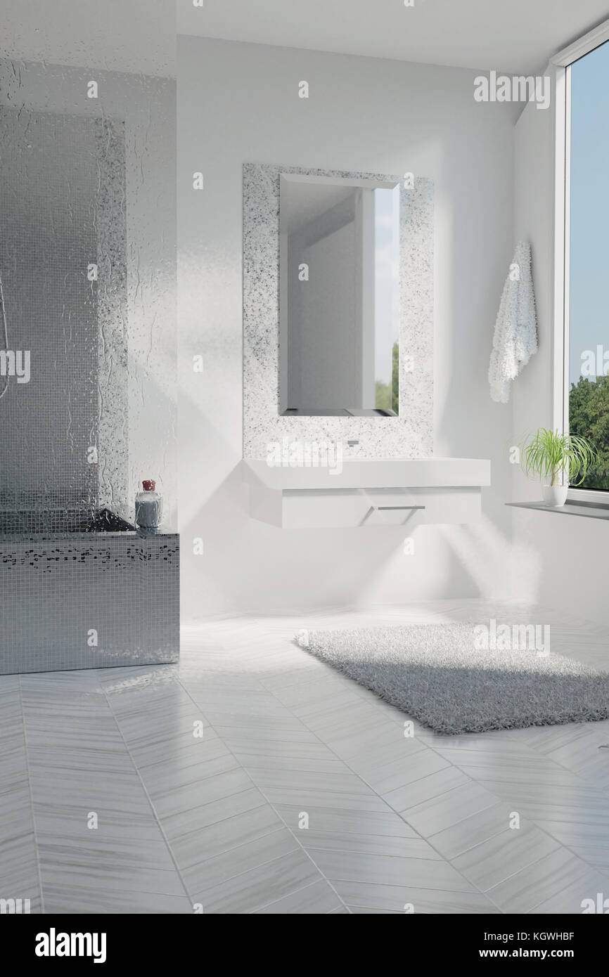 3d rendering of luxury white bathroom with mosaic tiles Stock Photo